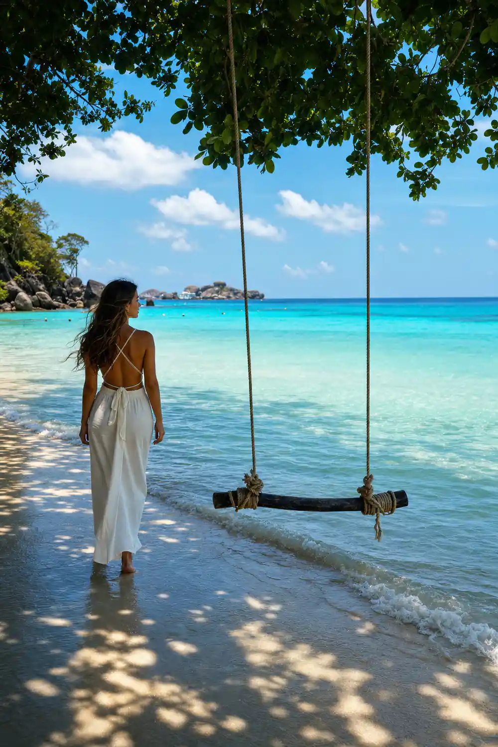 Rope swing hanging over turquoise water and sandy beach
