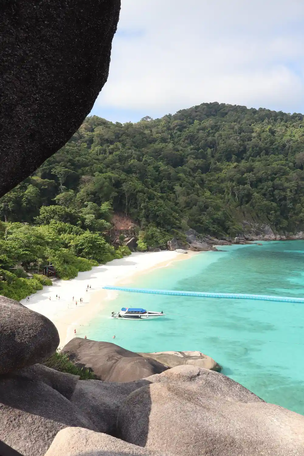 Tropical beach cove with granite boulders and dense forest