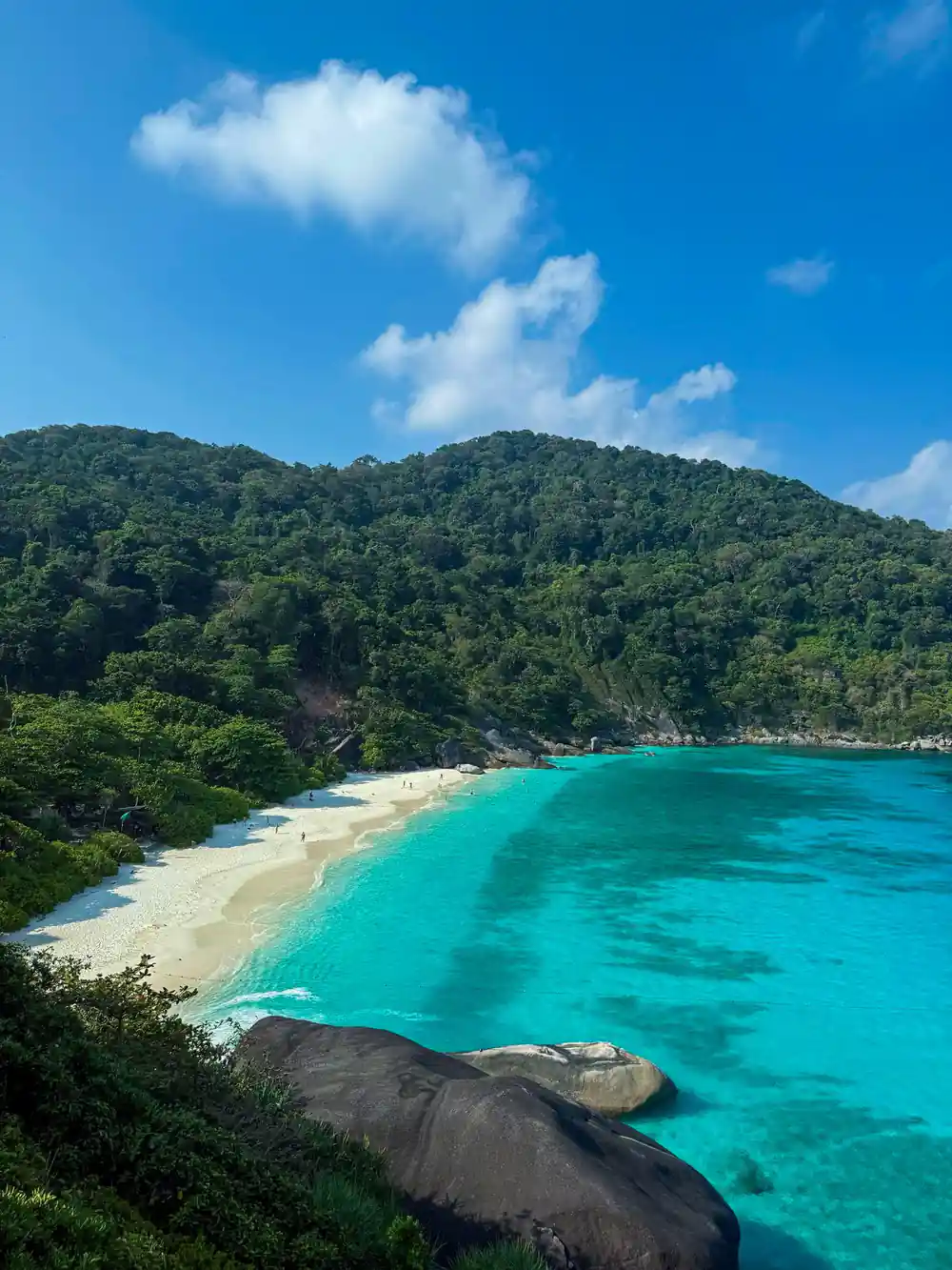 Turquoise bay with white sand beach and forested hillside