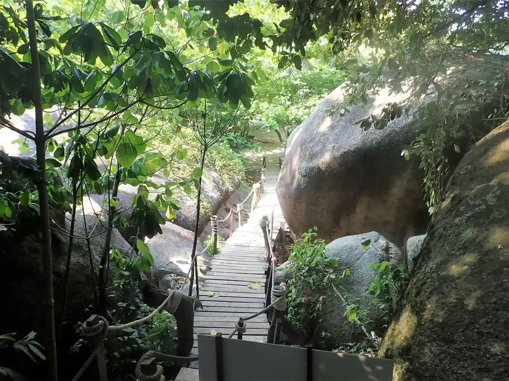 Wooden boardwalk through jungle between large granite boulders